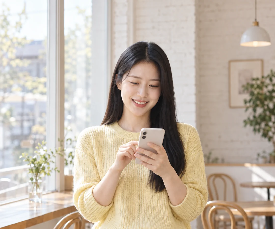 창가에서 휴대전화로 통화하며 웃는 고객